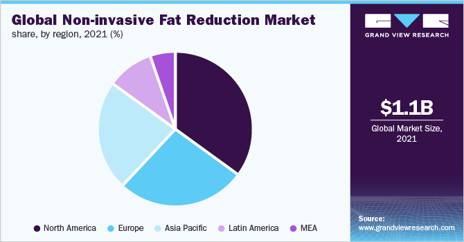 Global non-invasive fat reduction market share, by region, 2021 (%) 2021年全球非侵入式减脂市场份额,各地区(%)