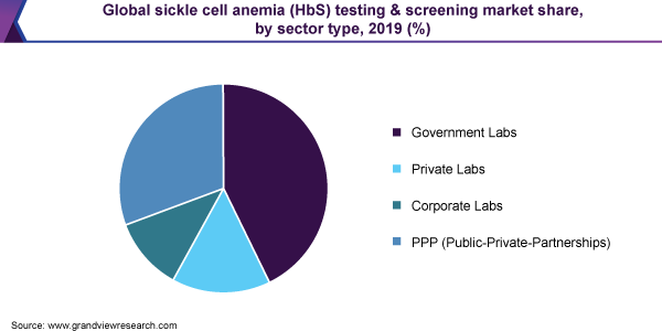 Global sickle cell anemia (HbS) testing & screening market share, by sector type, 2019 (%) 全球镰状细胞性贫血(HbS)检测和筛查市场份额