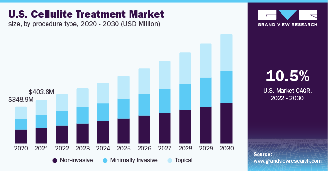 U.S. cellulite treatment market size, by procedure type, 2020 - 2030 (USD Million) 2020 - 2030年美国脂肪团治疗的市场规模,按程序类型分列(百万美元)