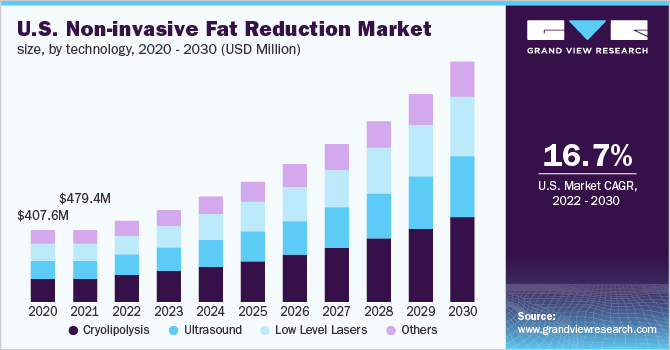 U.S. non-invasive fat reduction market size, by technology, 2020 - 2030 (USD Million) 2020 - 2030年,美国非侵入式减脂技术市场规模(百万美元)
