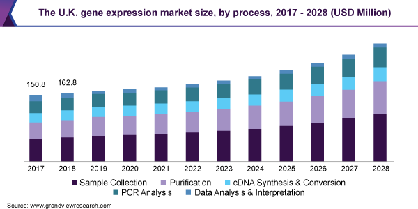 英国基因表达市场规模，分过程，2017 - 2028年(百万美元)
