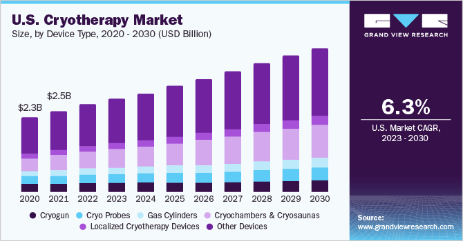 2020 - 2030年美国冷冻疗法市场规模，按治疗类型分列(10亿美元)